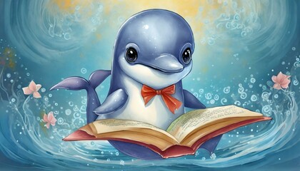 Cute Baby Dolphin reading a Book