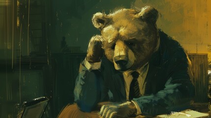 Intimate portrayal of a bear in a suit, embodying a stressed and unsuccessful businessman with a sad, contemplative look