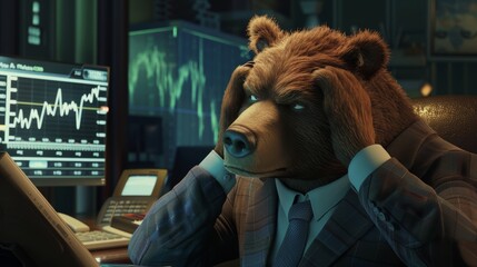Intimate scene of a bear in business attire, seated and clutching his head in stress, with a tablet displaying fluctuating stock charts - obrazy, fototapety, plakaty