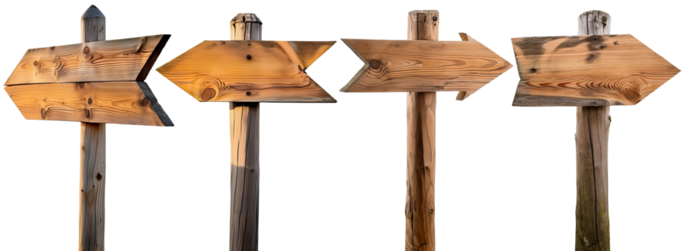 Collection of wooden directional signs with poles and arrows, isolated on white or transparent background, png. Generative Ai