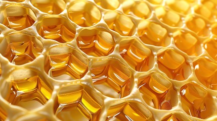 Sticky honeycomb with golden honey, detailed texture showing hexagonal cells.