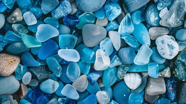 Intimate top view of vibrant blue sea glass mixed with polished stones on a beach, illustrating the peaceful and artistic side of the seashore