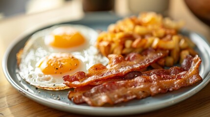 Inviting portrait showcasing a complete American breakfast plate with strips of bacon, fluffy hash browns, and perfectly cooked eggs