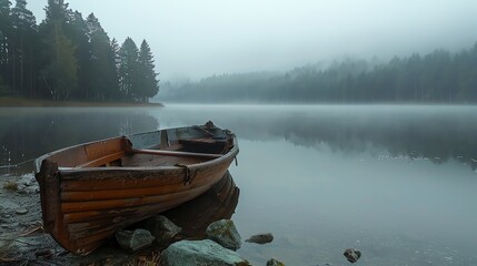 Wooden boat on the lake. There is a thick fog on the lake and the boat is anchored to the shore. The trees in the background are barely visible.
