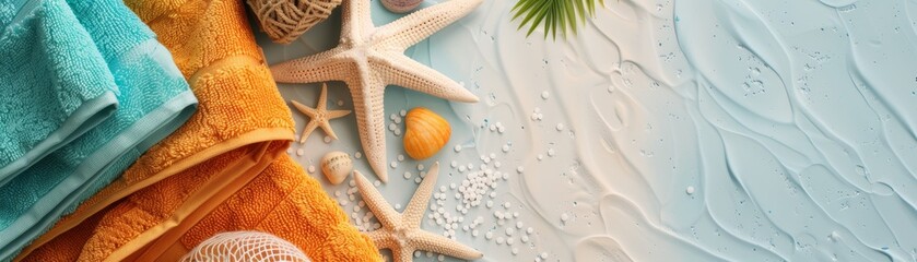 Relaxing beach towel arrangement in a top view portrait, showcasing selective focus on the accessories with generous copy space on the side