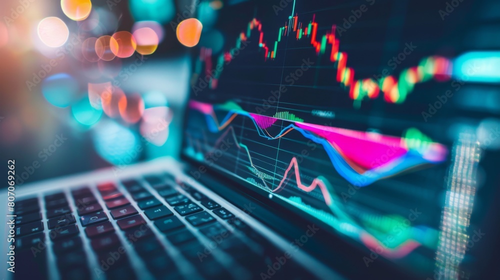 Poster a close-up of a laptop screen showing a stock market graph with fluctuating trends, representing vol