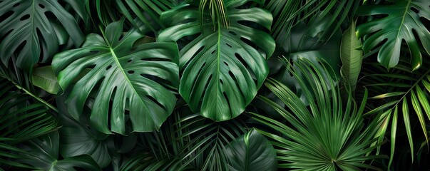 Tropical palm leaf wallpaper in lush green tones, creating a vibrant, jungleinspired theme.