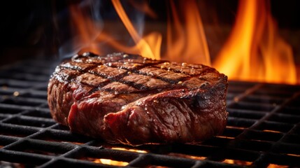 a juicy, medium-rare ribeye steak sizzling on a hot grill,
