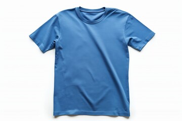 Blue blank t-shirt laid flat on a white surface, ideal for design mockups and branding