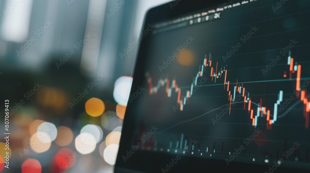 Poster a close-up of a laptop screen showing a stock market graph with fluctuating trends, representing vol