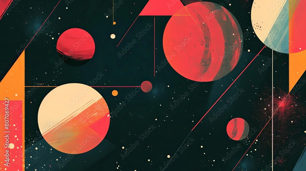 Aufkleber minimalist composition with geometric patterns and cosmic tones featuring a red circle and a red and
