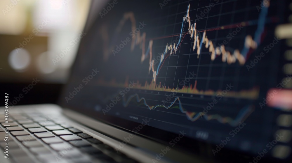Poster a close-up of a laptop screen showing a stock market graph with fluctuating trends, representing vol