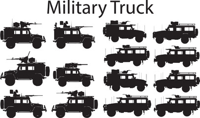 Set of Silhouette Military Truck vector illustration