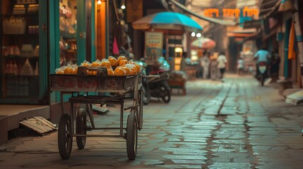The image is a street scene in India. A man is pushing a cart full of oranges through a narrow street. - Powered by Adobe