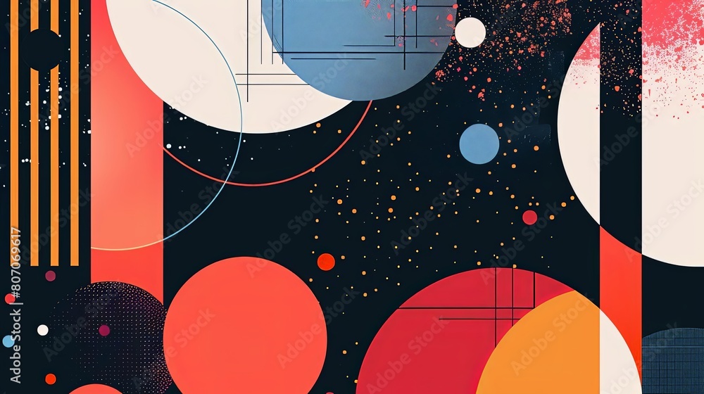 Poster minimalist composition with geometric patterns and cosmic tones featuring a white circle and a red a