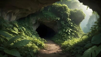 A hidden cave entrance concealed by jungle vines upscaled 3