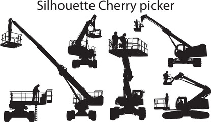 A Lot of Cheery Picker Truck Silhouette vector illustration