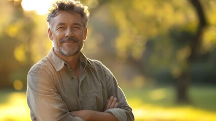 A man in his 50s radiates happiness in a serene park setting. Concept Portrait Photography, Outdoor Photoshoot, Happiness, Serene Park Setting, Senior Portrait