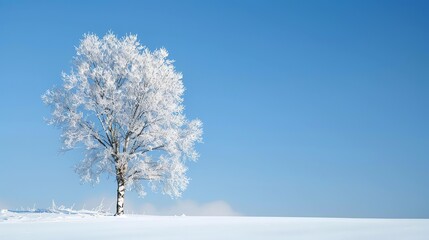 A beautiful winter scene of a snow-covered tree against a clear blue sky. The tree is in the middle of a snowy field.