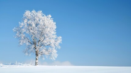 Fototapeta premium A beautiful winter scene of a snow-covered tree against a clear blue sky. The tree is in the middle of a snowy field.