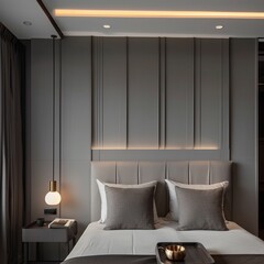 Serene bedroom design featuring grey wall panels, minimal furniture, ambient lighting, closeup view
