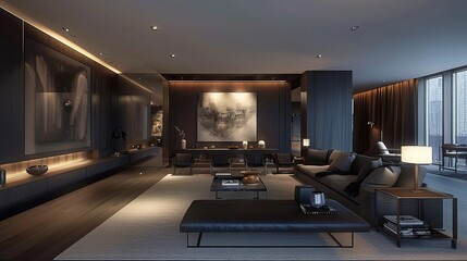 Stylish, minimal living space, dark grey panels, simple layout, diffused lighting, wide angle shot