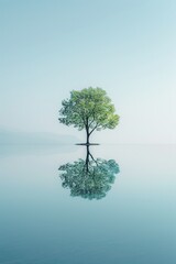 Surreal minimal landscape, single tree reflected on a mirror smooth lake, clear sky, wide angle, morning light