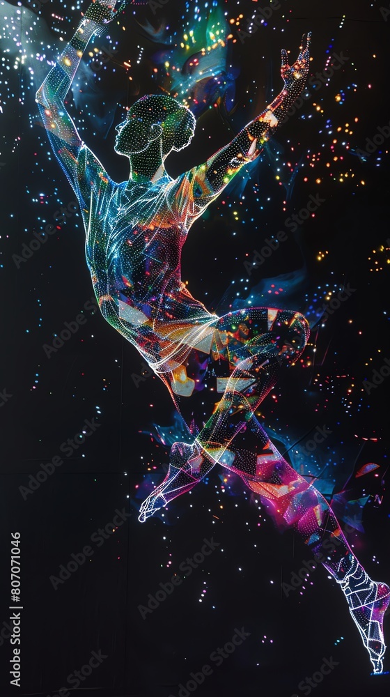 Poster Capture a mesmerizing fusion of futuristic technologies and contemporary dance forms Show a dancers dynamic movement from an unexpected top-down angle with holographic elements enhancing the compositi