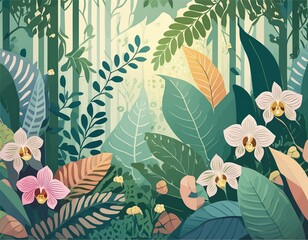 Rainforest with vibrant orchids and large, colorful leaves