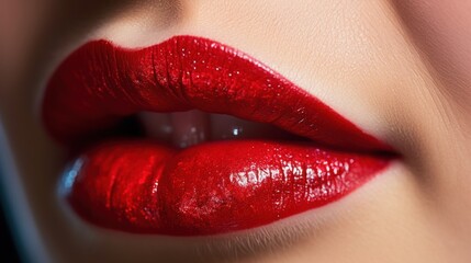 Obraz premium A close-up of a vibrant red liquid lipstick being applied to lips, 