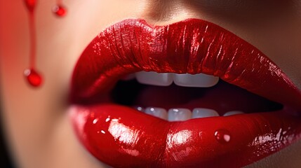Obraz premium A close-up of a vibrant red liquid lipstick being applied to lips, 