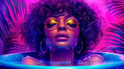 A woman with a purple background and a blue pool