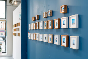 From an side, a gallery wall displays a collection of small wooden frames on a backdrop of Shoreditch Blue exhibit exhibit