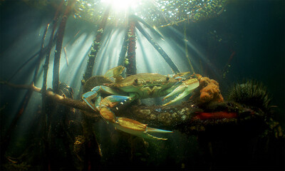 a crab in some mangroves in the Caribbean Sea