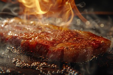A piece of meat is cooking on a grill