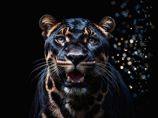 Panther's commanding presence, Frontal perspective of a Panther on a dramatic black background, composing a captivating banner that celebrates the strength and beauty of wild creatures.