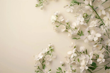 Top view flat lay white small flowers beige background space for text. Jasmine or cherry blossom. Composition banner frame. Template for the site, designed for text or advertising