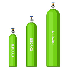 Medical oxygen gas, stored in white bins of various sizes at hospitals and other health care facilities. For medical use. Flat design.