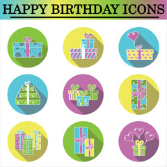 Set of birthday flat icons with shadow on the white background. Celebration icons. Isolated vector. Gift icons.