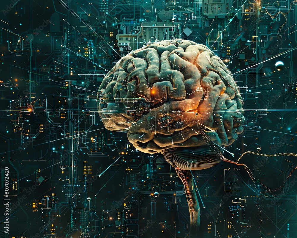Poster Explore a worms-eye view of a cybernetic brain towering amidst neural networks, blending futuristic technologies with Freudian symbolism using dynamic angles