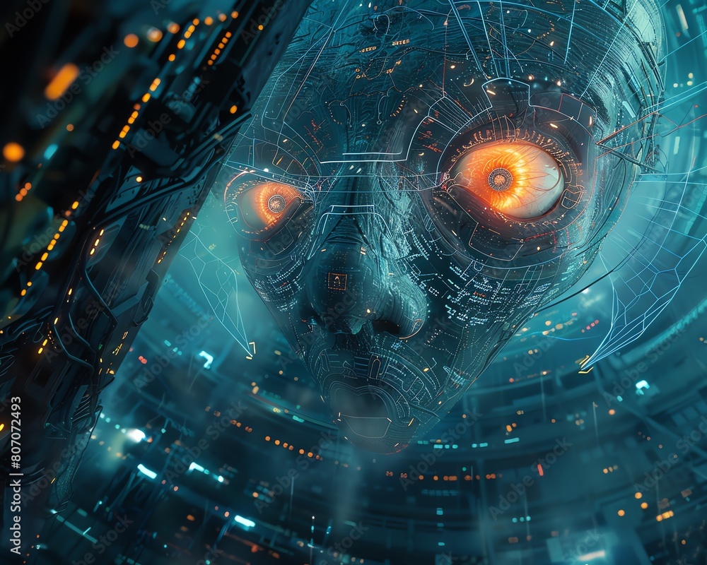 Poster explore a worms-eye view of a cybernetic brain towering amidst neural networks, blending futuristic 