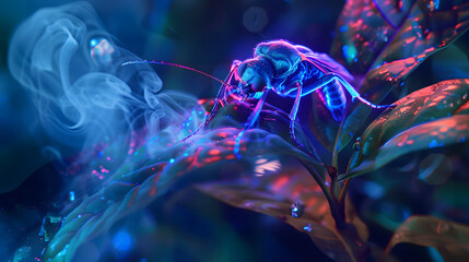 an insect with a neon light effect is sitting on a leaf with a smoke effect