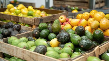 Nature's Bounty Assorted Fresh Fruits with Ripe Avocados in Wooden Crates at Local Market Warehouse
