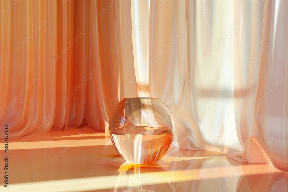 Poster a clear ball is sitting on a table in front of a window with colorful curtains.