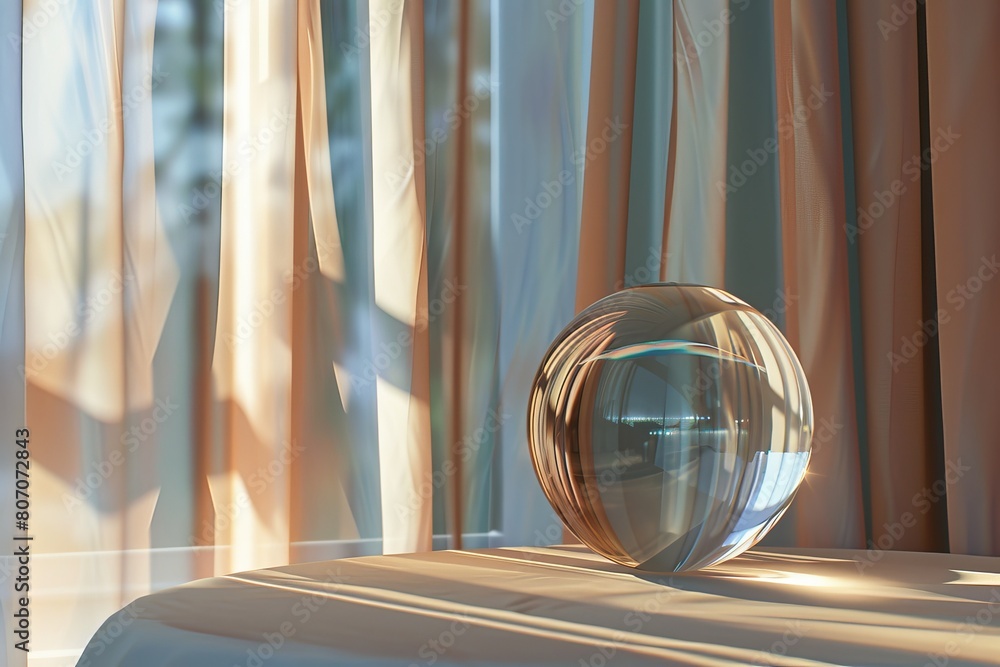 Poster a clear ball is sitting on a table in front of a window with colorful curtains.