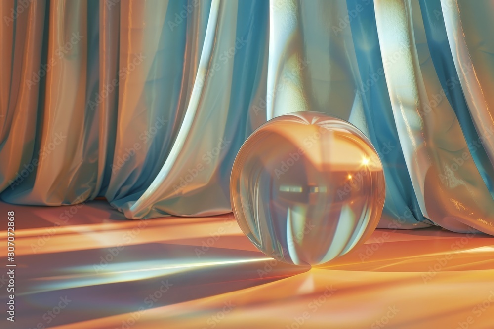 Poster a clear ball is sitting on a table in front of a window with colorful curtains.