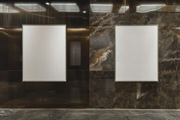 In an gallery, two frames hang against a wall of Glossy Onyx, a dark and lustrous backdrop. The frames, each featuring a white canvas, shimmer against the onyx, fully visible from the side