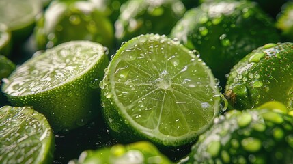 Refreshing Vibrancy Top View of Fresh Limes Covered in Water as Close-Up Shot on Healthy Vegetables Background
