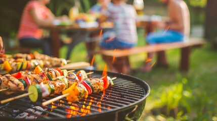 A family gathering around a backyard barbecue, grilling juicy chicken skewers made from homegrown, organically raised poultry.