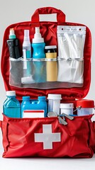 A basic first aid kit, open to display essential items, isolated for adding text about emergency care
